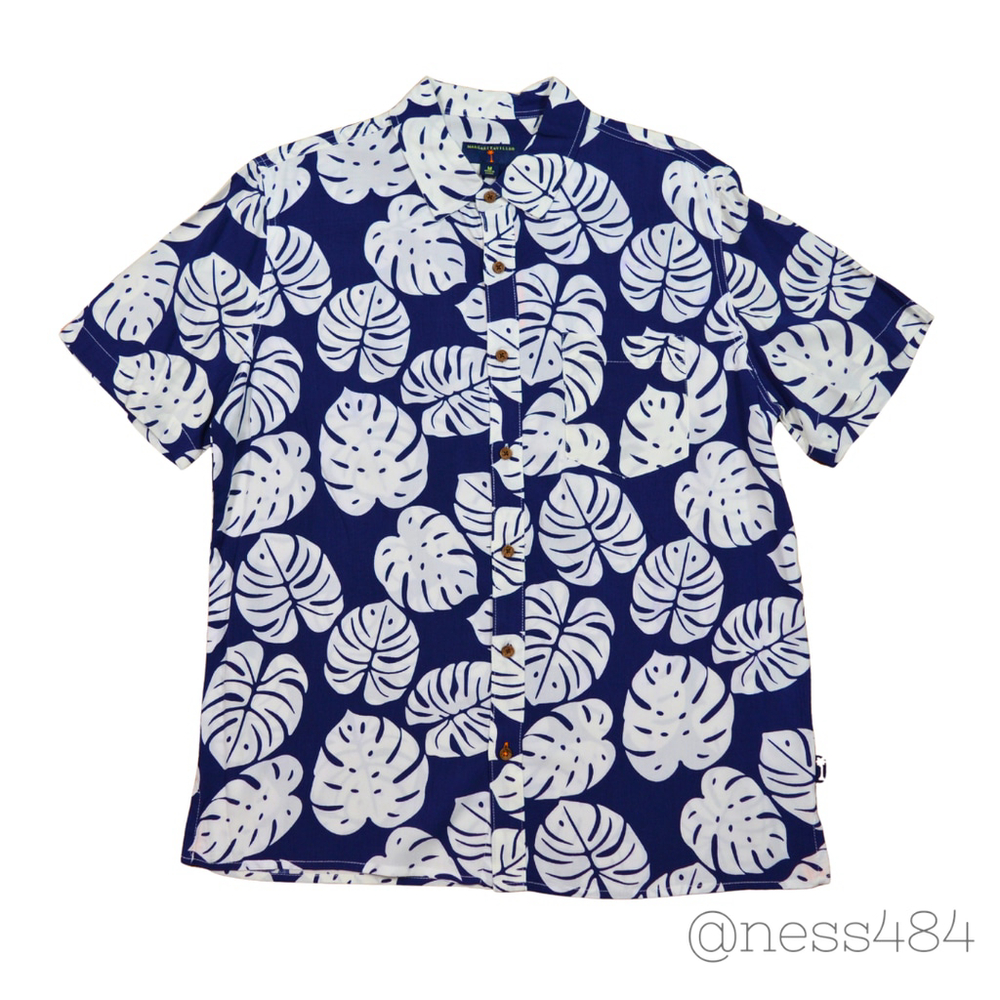 Margaritaville Mens Short Sleeve Button Up Shirt Monstera Leaf Print Blue Size M